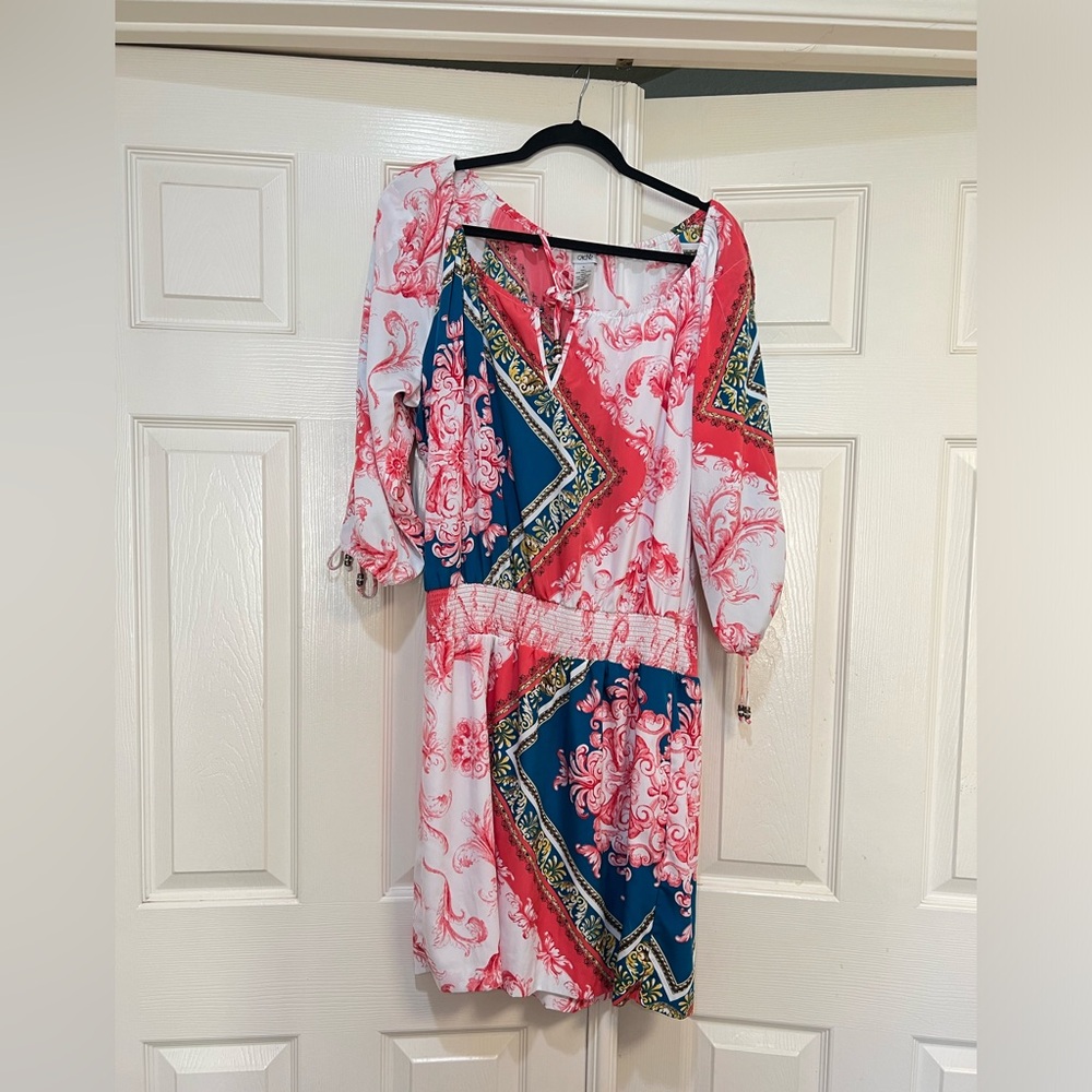 VNTG Cache Colorful Paisley Cold Shoulder Smoked Waist MIDI Dress Artsy Size XL